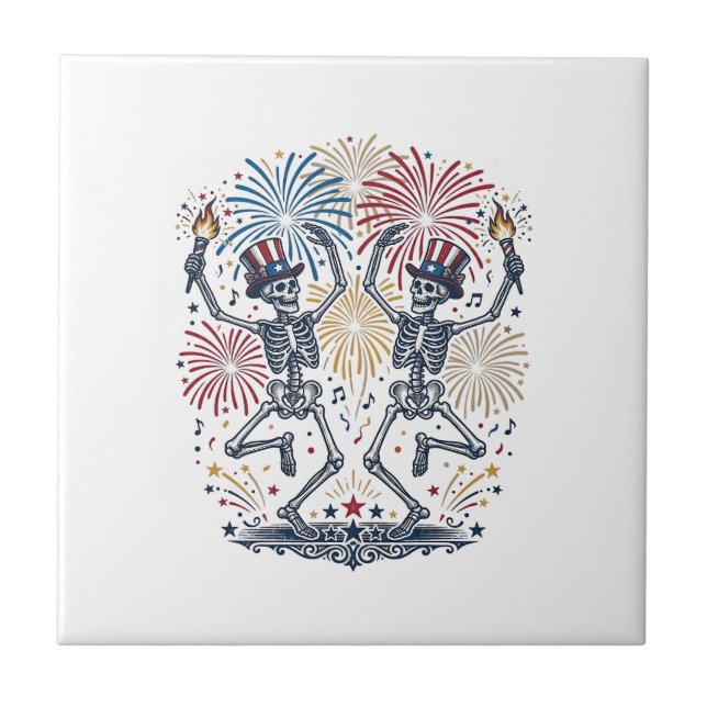 Patriotic Dancing Skeletons Fireworks 4th of July  Ceramic Tile (Front)