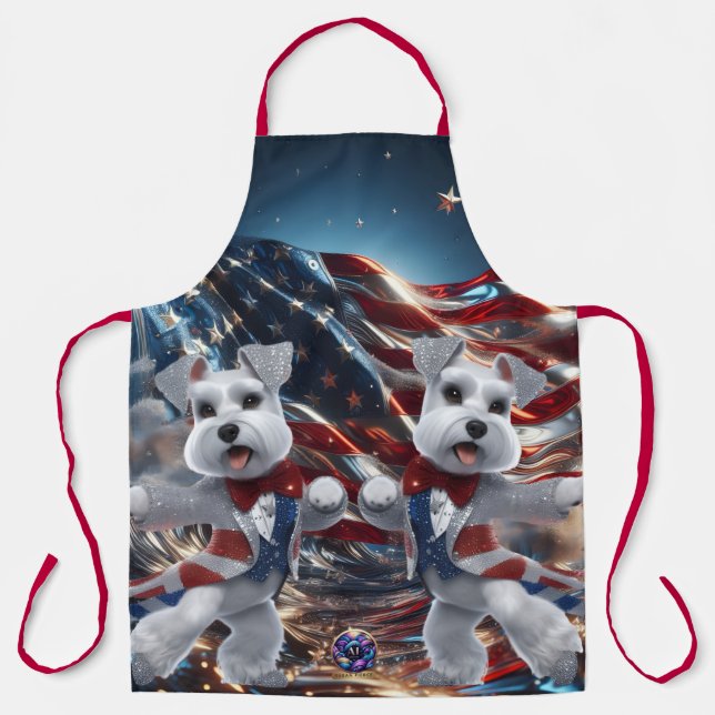 Patriotic Dancing White Miniature Schnauzers  Apron (Front)