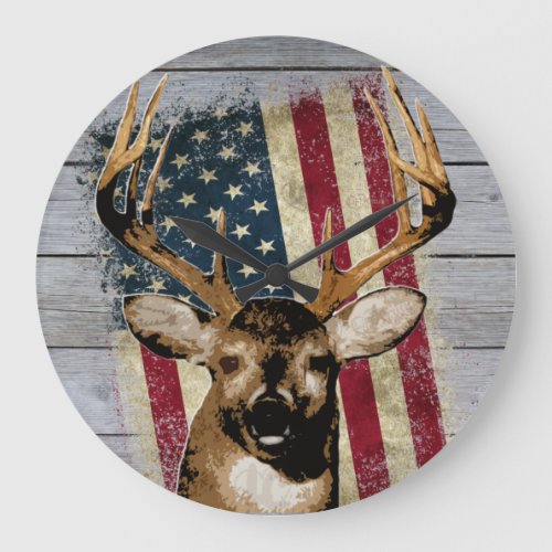 Patriotic Deer Hunting Dcor Large Clock