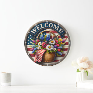 Patriotic Design with Flowers and Text Welcome Large Clock