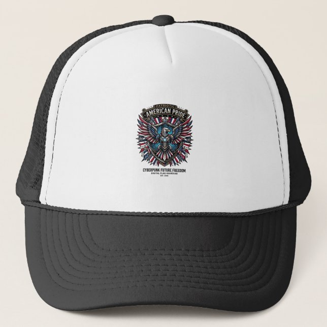 Patriotic Digital Flag Guardian Cyberpunk Future F Trucker Hat (Front)