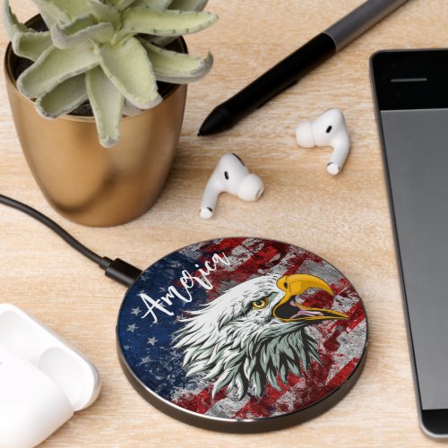 Patriotic Distressed American Flag Bald Eagle Wireless Charger