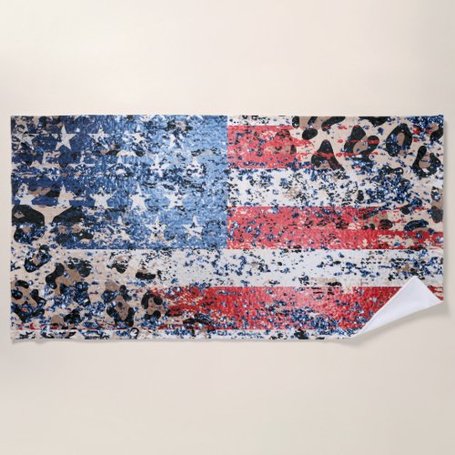  Patriotic Distressed  USA Flag AP27 Leopard G Beach Towel