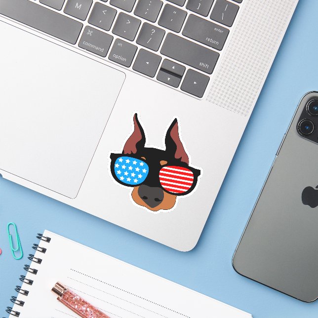 Patriotic Doberman Sticker (Laptop w/ iPhone)