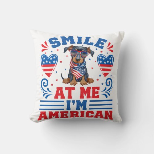 Patriotic Dobermann Dog For 4th of July Throw Pillow