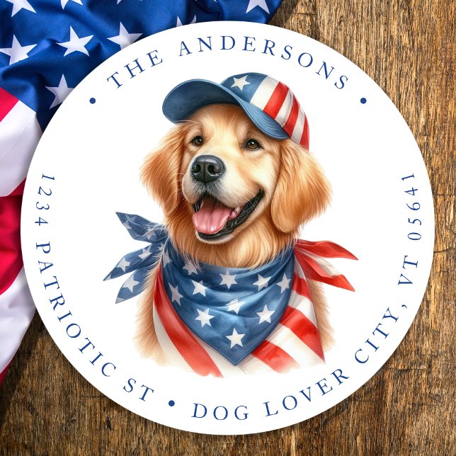 Patriotic Dog 4th Of July Return Address Classic Round Sticker (Creator Uploaded)