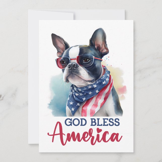 Patriotic Dog- Boston Terrier 4th of July Card (Front)