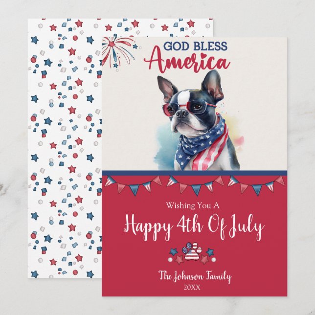 Patriotic Dog- Boston Terrier 4th of July Card (Front/Back)