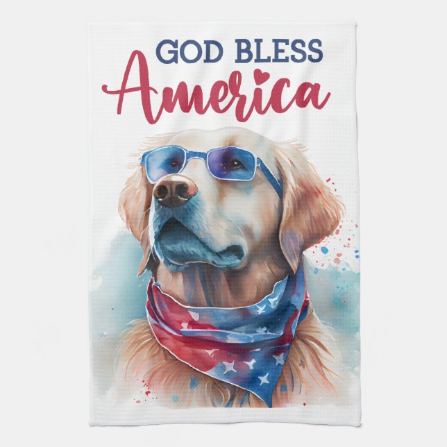 Patriotic Dog-Golden Retriever Kitchen Towel (Vertical)