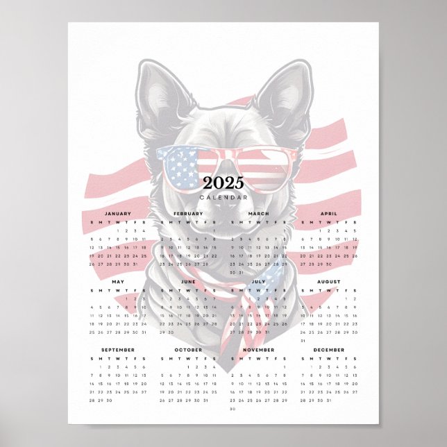 Patriotic Dog Red White Blue Scarf 2025 Calendar Poster (Front)