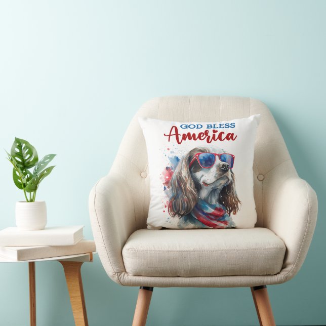 Patriotic Dog-Spaniel Throw Pillow (Chair)