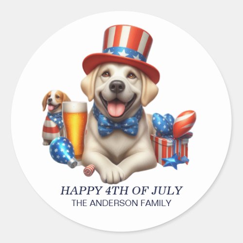 Patriotic Dog Top Hat Red White Blue 4th July  Classic Round Sticker