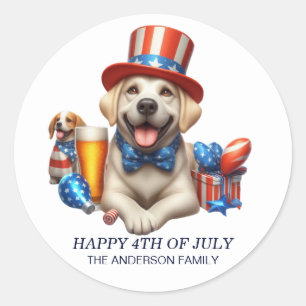 Patriotic Dog Top Hat Red White Blue 4th July Classic Round Sticker