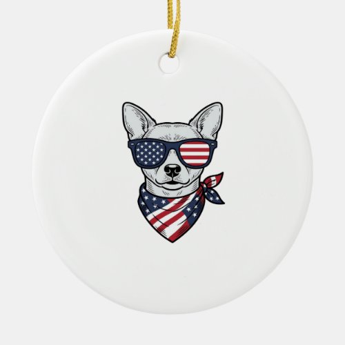Patriotic Dog with Flag Sunglasses Vintage Vector Ceramic Ornament
