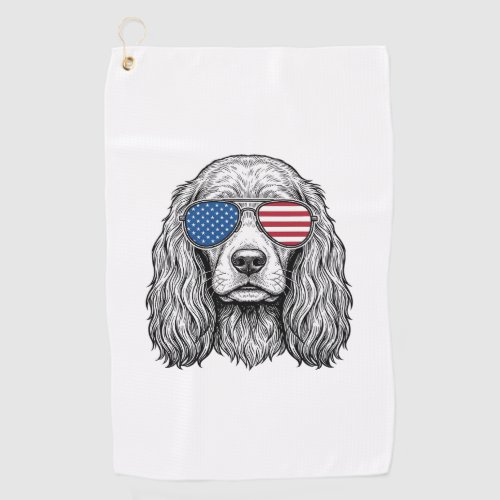 Patriotic Dog with Flag Sunglasses Vintage Vector_ Golf Towel