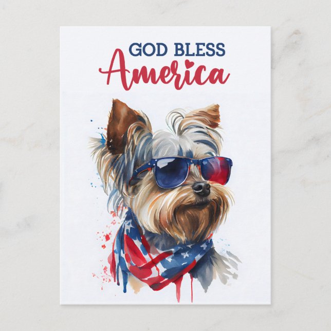 Patriotic Dog-Yorkie, God Bless America Postcard (Front)