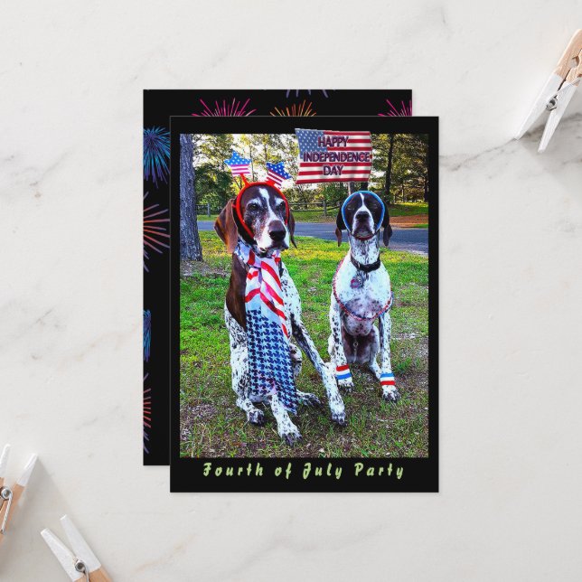 Patriotic Dogs & Fireworks Independence Day Party Card (Front/Back In Situ)