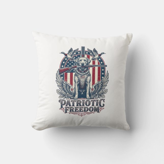 Patriotic Duck Hunter Dog Vector Graphic Tee_1 Throw Pillow (Front)