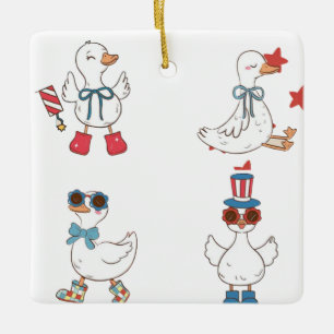 Patriotic Duck Parade – 4th of July Cartoon Art Ceramic Ornament