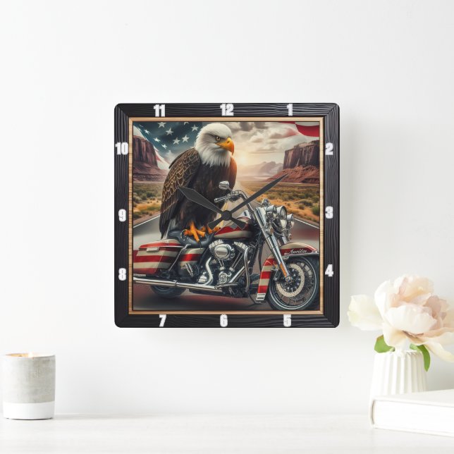 Patriotic Eagle Motorcycle Desert Square Wall Clock (Home)