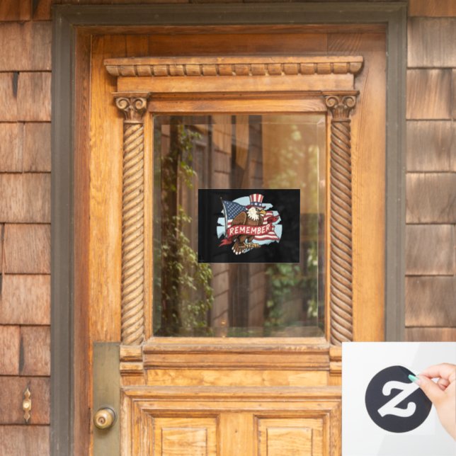 Patriotic Eagle "Remember" American Flag Design Window Cling (Home Door)