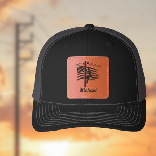 Patriotic Electric Lineman American Flag Monogram Leather Patch Hat