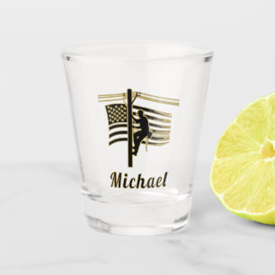 Patriotic Electric Lineman USA Flag Monogram Shot Glass