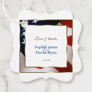 Patriotic, Elegant USA Flag Gold Frame Wedding Favor Tags