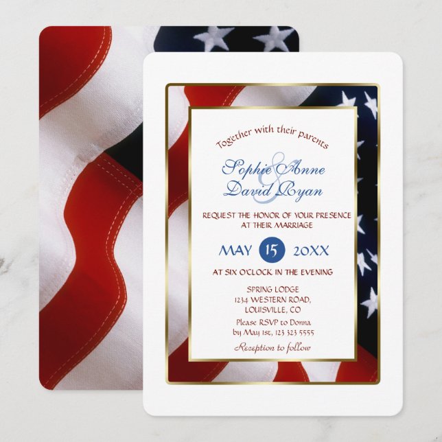 Patriotic, Elegant USA Flag Gold Frame Wedding Invitation (Front/Back)