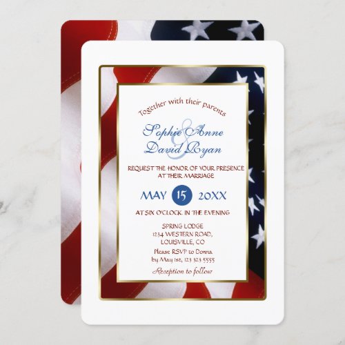 Patriotic Elegant USA Flag Gold Frame Wedding Invitation