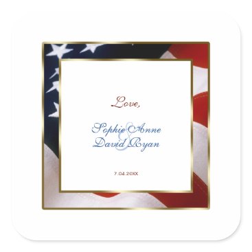 Patriotic, Elegant USA Flag Gold Frame Wedding Square Sticker Patriotic, Elegant USA Flag Gold Frame Wedding Square Sticker