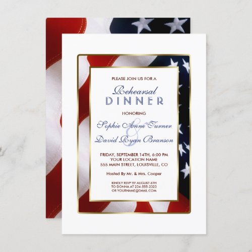 Patriotic Elegant USA Flag Gold Rehearsal Dinner Invitation