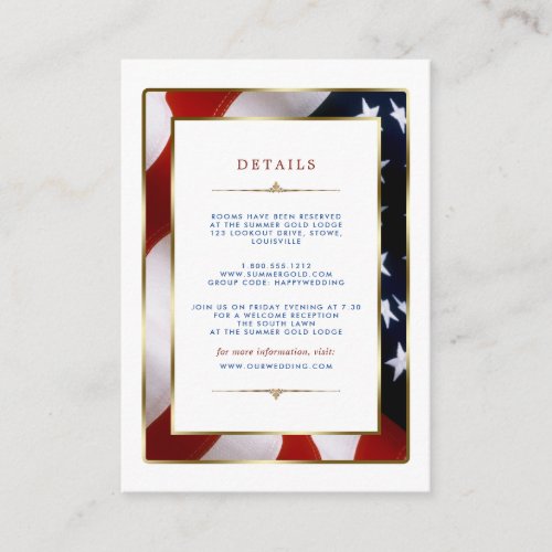 Patriotic Elegant USA Flag Gold Wedding Details Enclosure Card