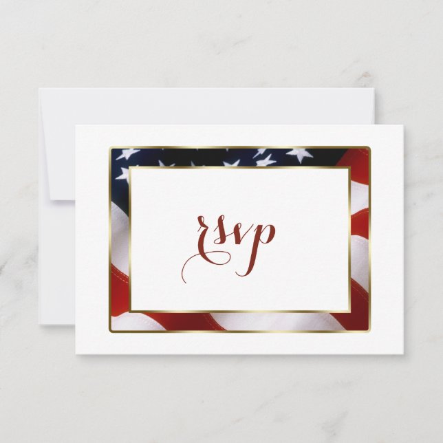 Patriotic, Elegant USA Flag Gold Wedding RSVP Card (Front)