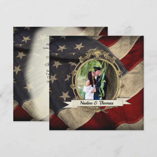 Patriotic, Elegant USA Flag Wedding w Photograph Invitation (Front/Back)
