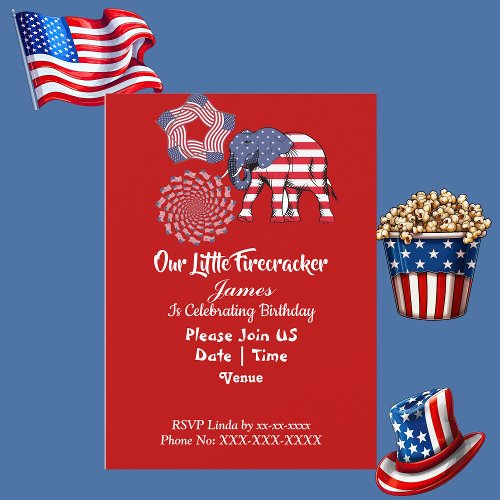 Patriotic Elephant American Flag Birthday Firework Invitation