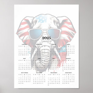 Patriotic Elephant Red White Blue 2025 Calendar Poster