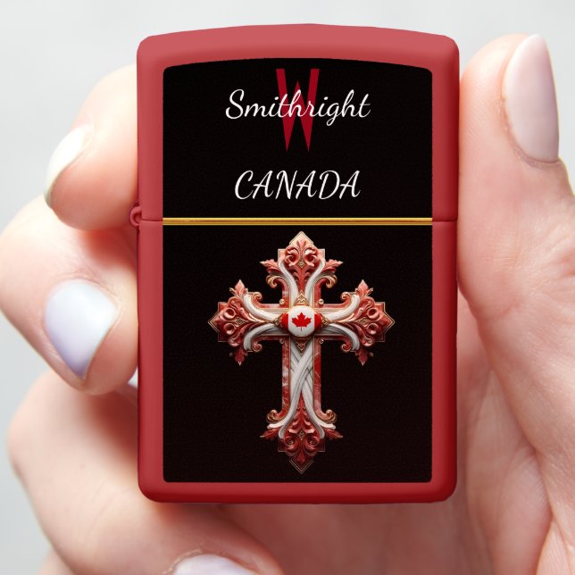 Patriotic Emblem: Canadian Flag Cross Zippo Lighter (In Hand)