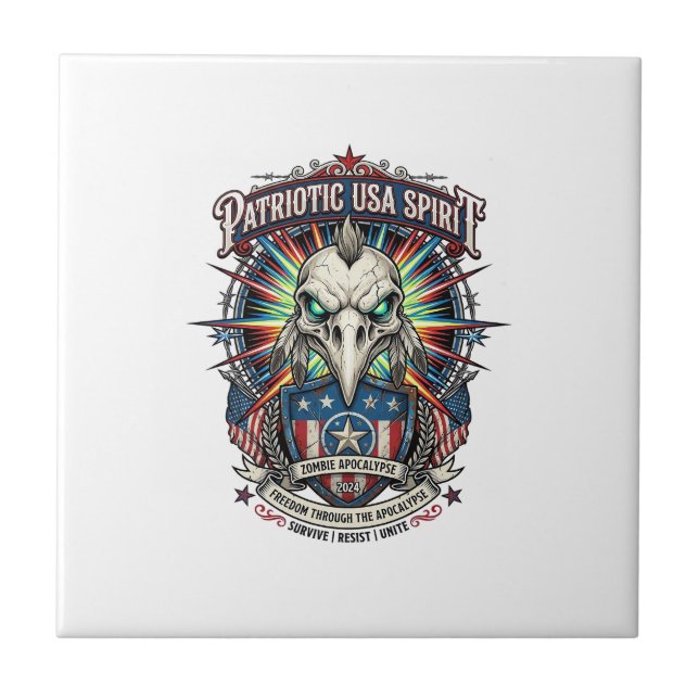 Patriotic End Of Days Eagle Skull Zombie Apocalyps Ceramic Tile (Front)