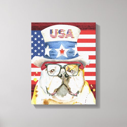 Patriotic English Bulldog American holiday party Canvas Print