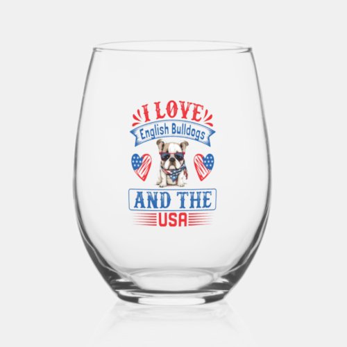 Patriotic English Bulldog Dog Stemless Wine Glass
