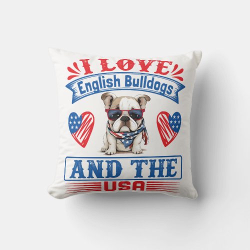 Patriotic English Bulldog Dog Throw Pillow