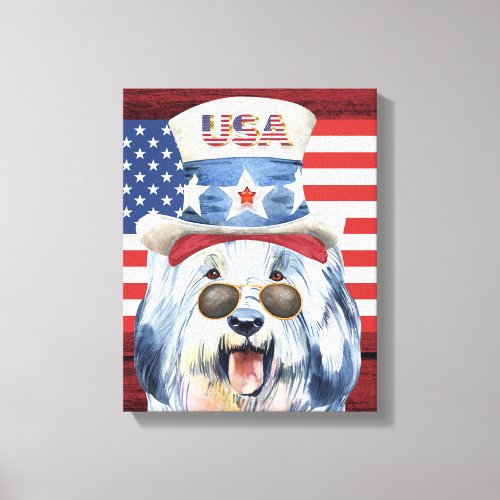 Patriotic English sheepdog American holiday party Canvas Print