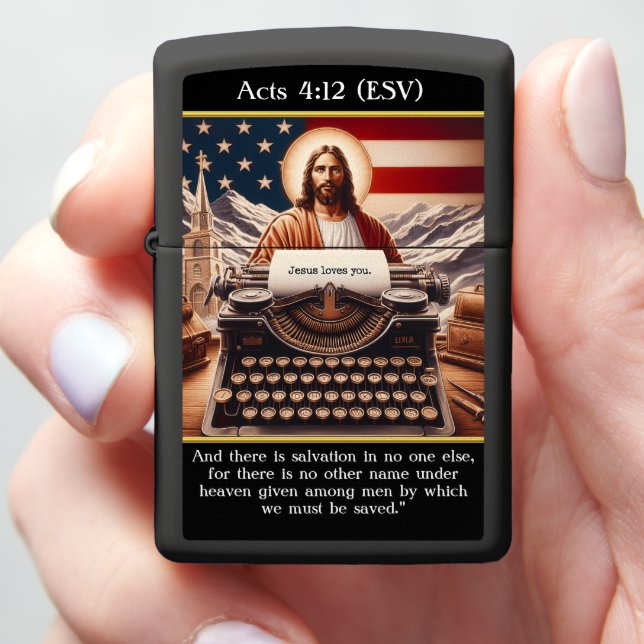 Patriotic Faith: Jesus' Message on Typewriter Zippo Lighter (In Hand)