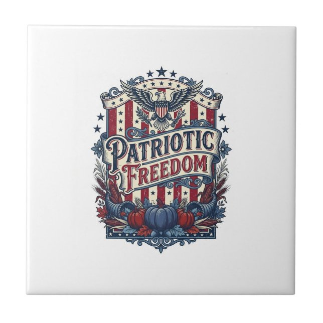 Patriotic Fall Harvest Vector Graphic Tee Ceramic Tile (Front)