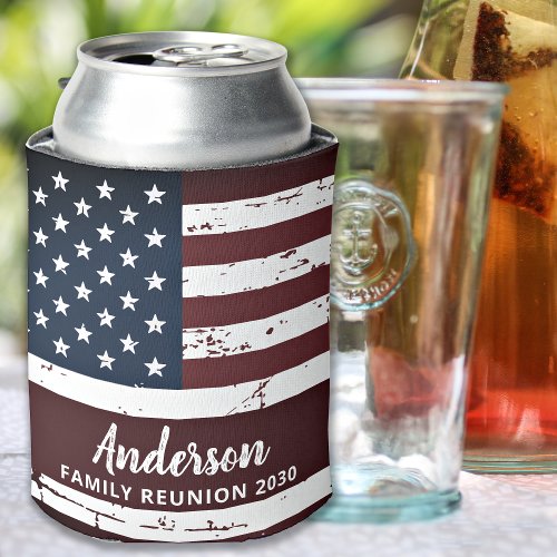 Patriotic Family Personalized Grunge American Flag Can Cooler