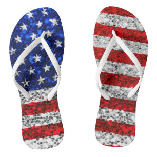 Patriotic Faux Glitter American Flag Stars Stripes Flip Flops