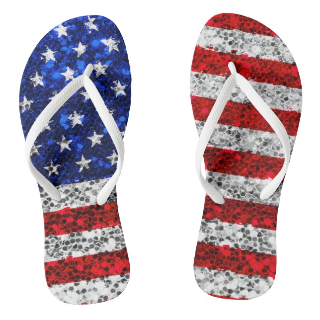 Patriotic Faux Glitter American Flag Stars Stripes Flip Flops (Footbed)