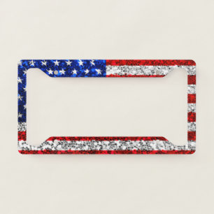 Patriotic Faux Glitter American Flag Stars Stripes License Plate Frame