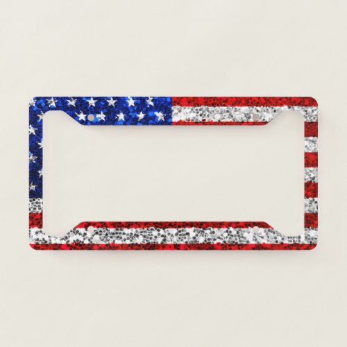 Patriotic Faux Glitter American Flag Stars Stripes License Plate Frame